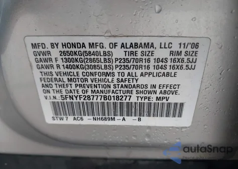 2007 Honda Pilot Ex-L z USA, uszkodzony, nr VIN 5FNYF28777B018277